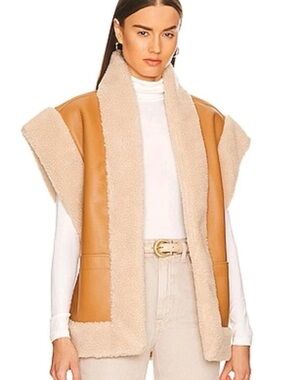 A.L.C. Camel Faux Leather Vest with Beige Shearling Trim